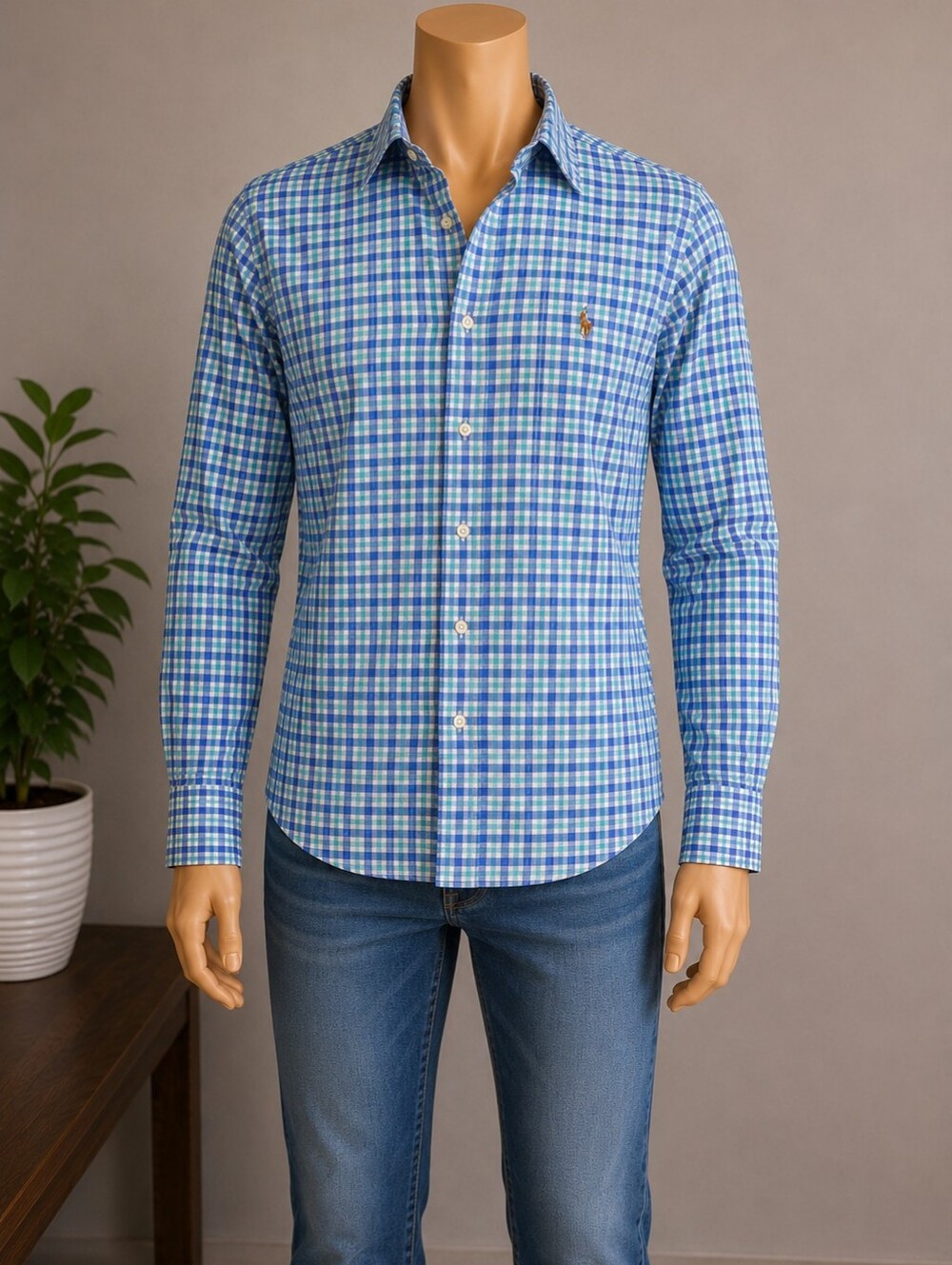 Ralph Lauren Slim Fit Blue Plaid Button Down Shirt Men's Large